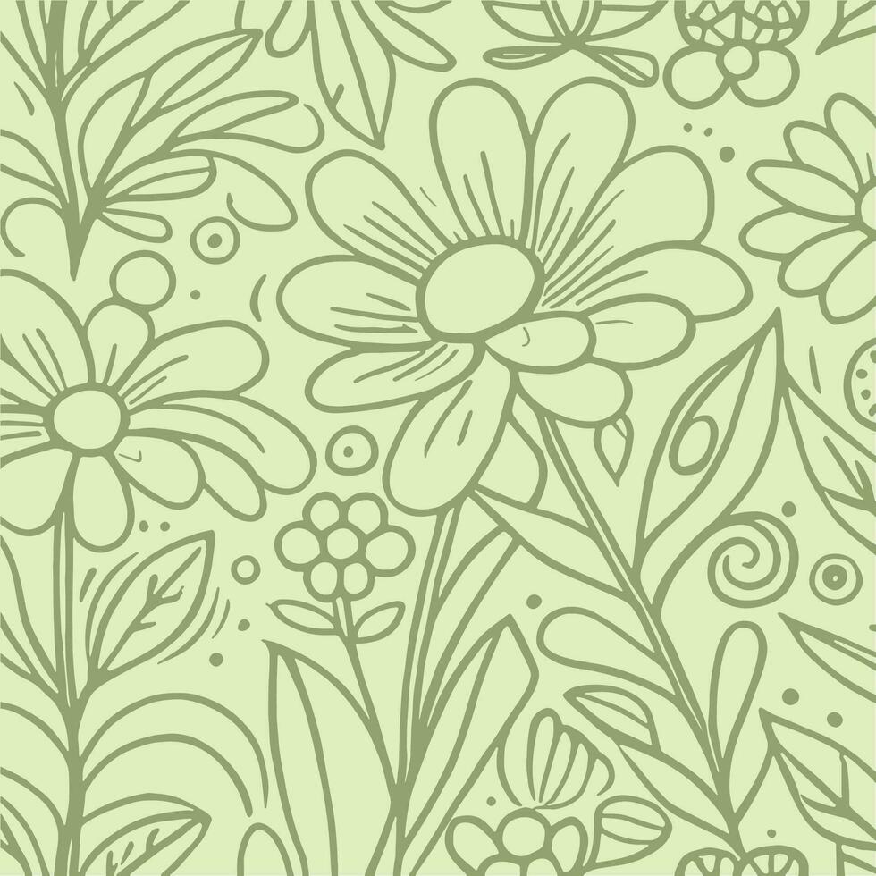 abstrato monocromático suave verde desenhado à mão flores textura padronizar rabisco vetor ilustração