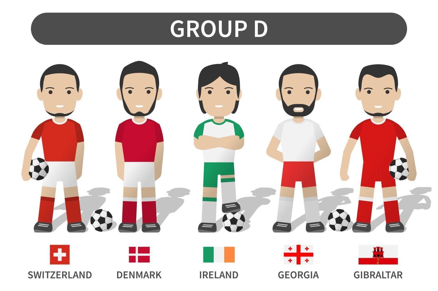 sorteios de qualificação do torneio da copa de futebol europeu de 2020 e 2021. grupo d. jogador de futebol com uniforme de uniforme e bandeira nacional. design plano de personagem de desenho animado. fundo branco do tema. vetor. vetor