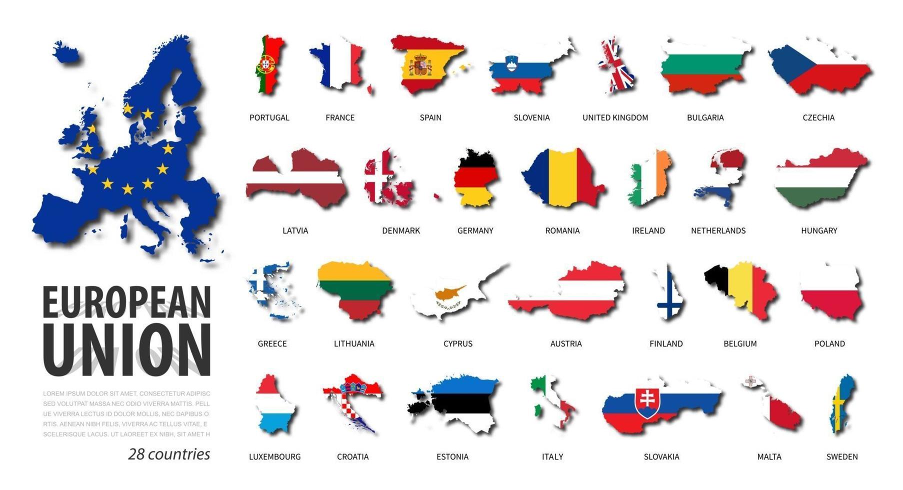 União Européia . eu . conjunto de mapa do país de design plano e a bandeira nacional do membro com sombra. fundo branco isolado. vetor. vetor