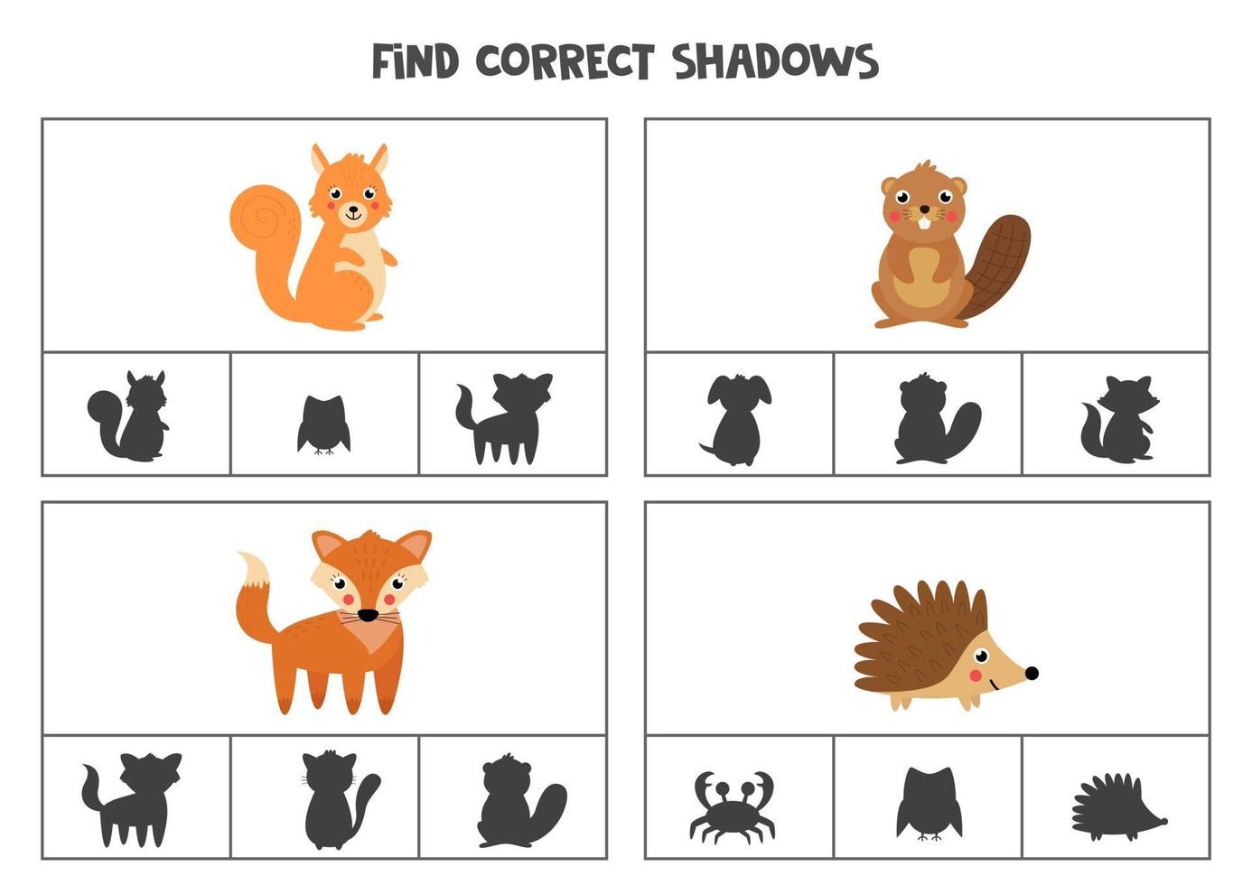 Encontre a sombra correta de animais bonitos da floresta. jogos de cartas de clipe para impressão para crianças. vetor