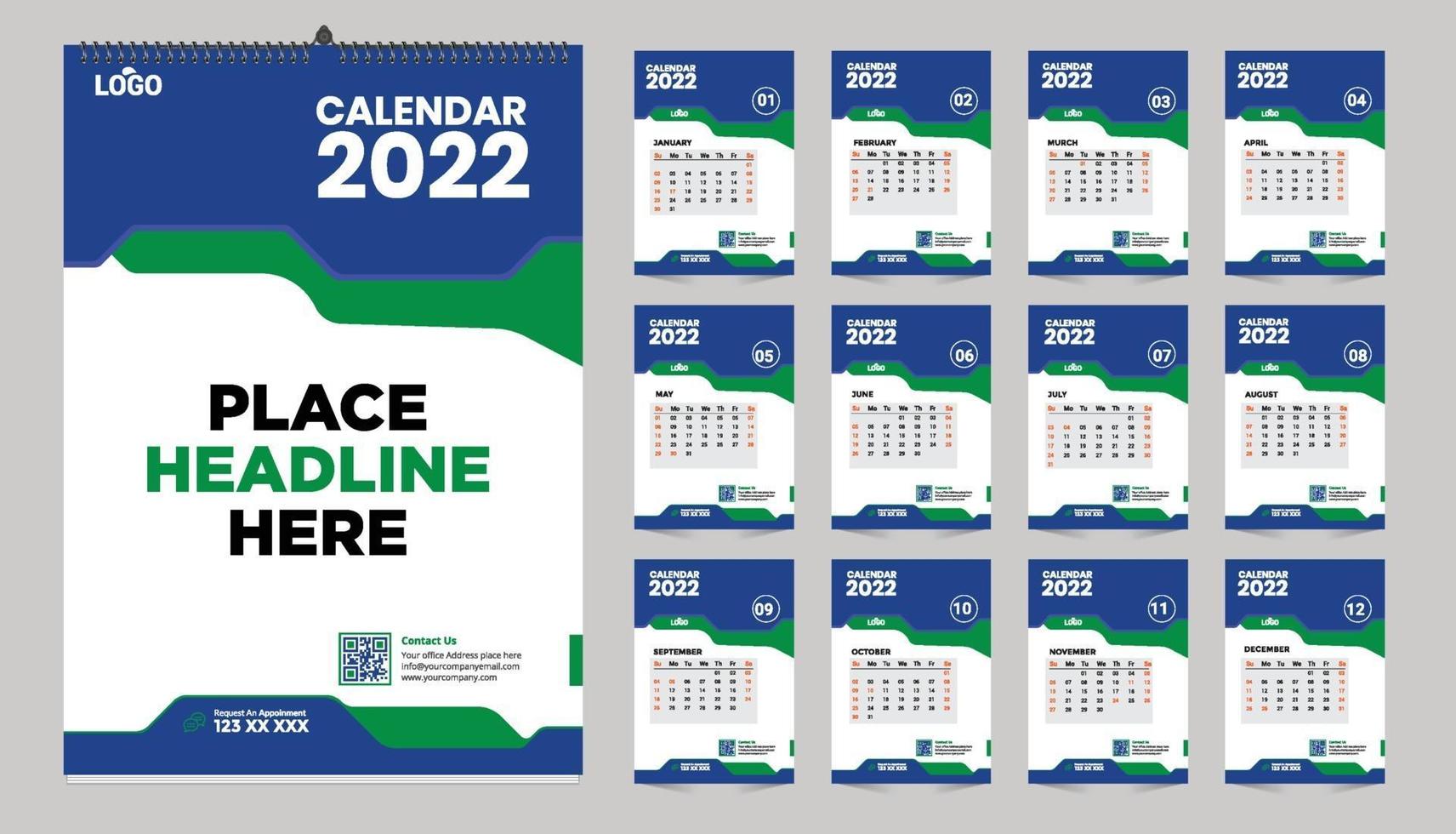 modelo de design de calendário de parede mensal gratuito para 2022, 2023, 2024, 2025, 2026, 2026 anos. semana começa no domingo. diário do planejador com lugar para foto. vetor