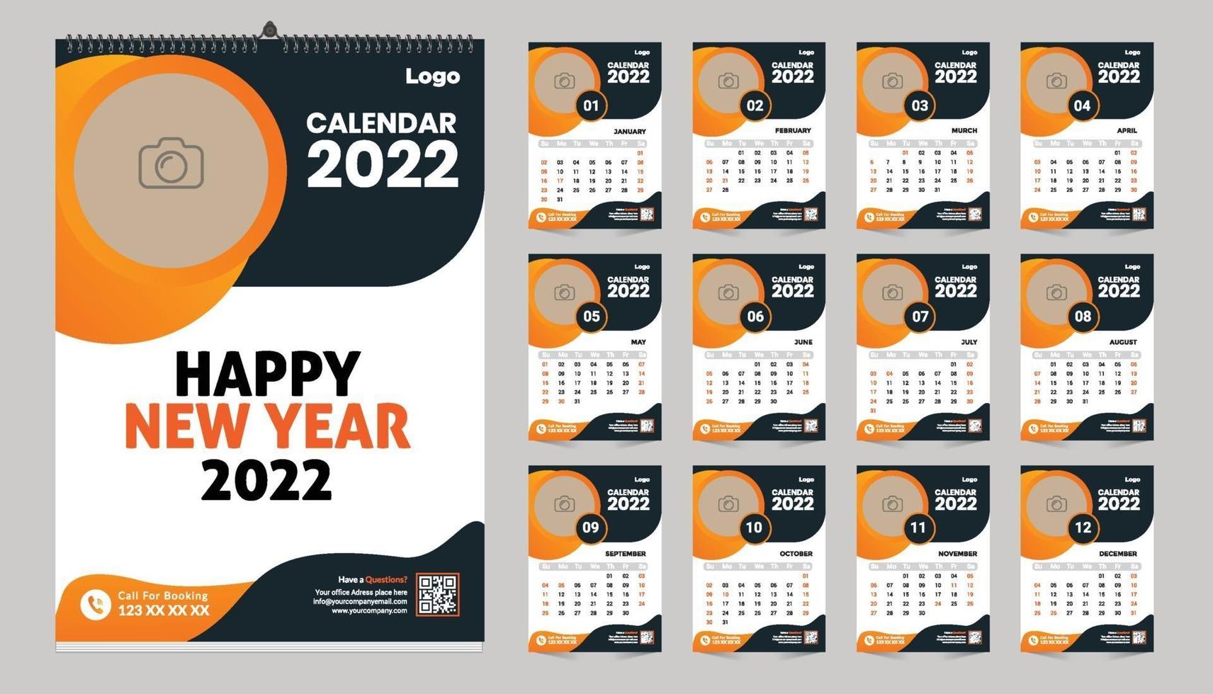 design de modelo de calendário de parede mensal para 2022 anos. semana começa no domingo. diário do planejador com lugar para foto. vetor