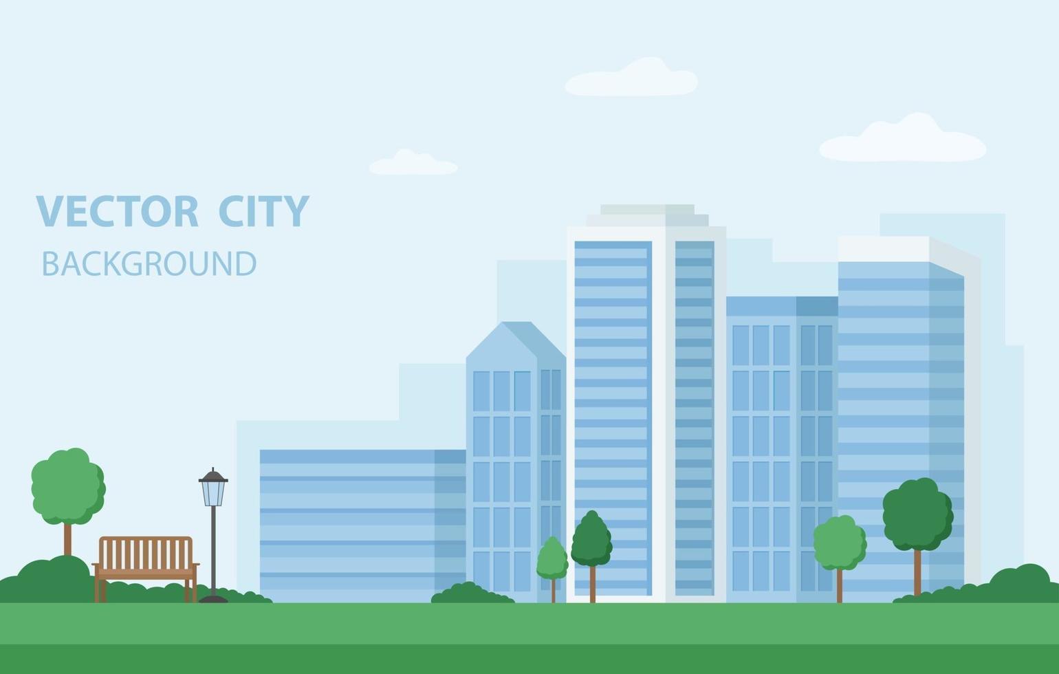 ilustração vetorial em estilo simples e simples. paisagem da cidade com edifícios, bancos e árvores. banner horizontal e fundo com espaço de cópia para o texto. vetor