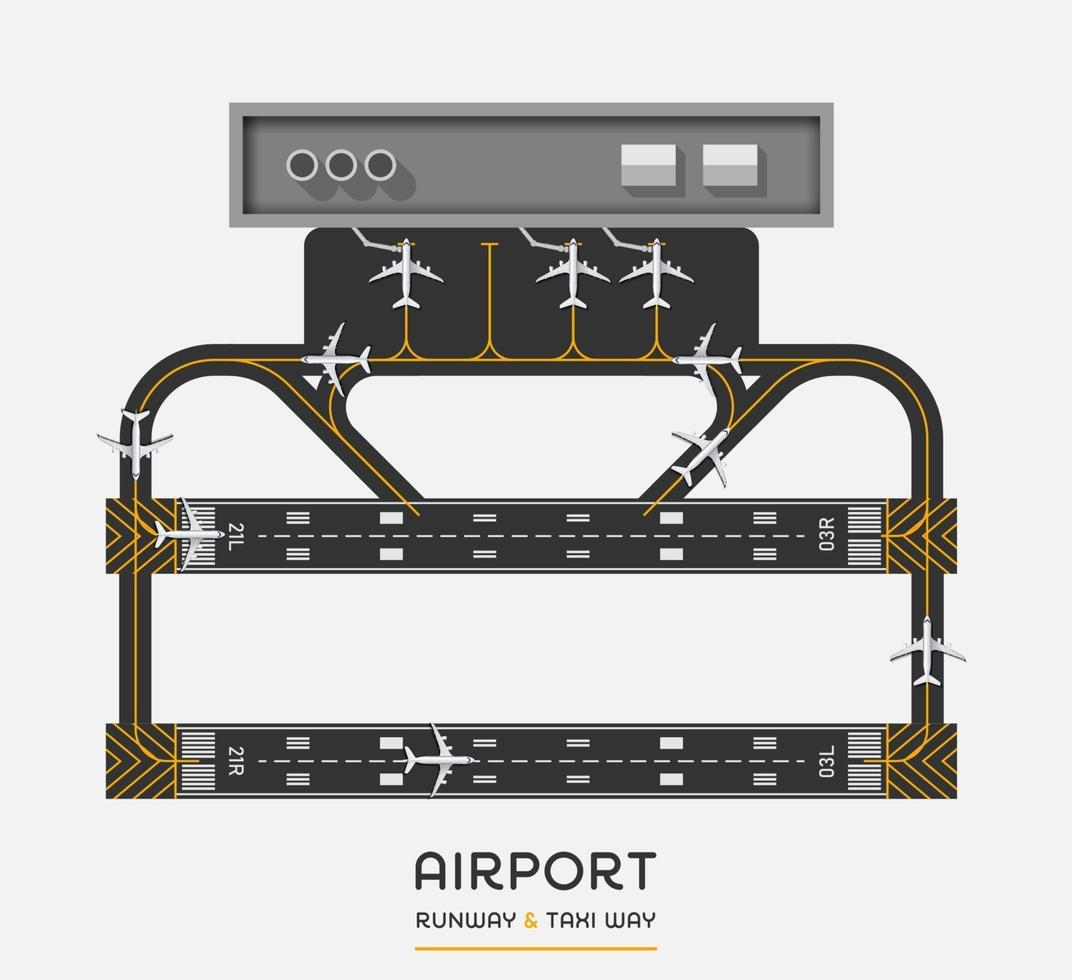 vista superior da pista do aeroporto e caminho de táxi com avião, ilustração vetorial vetor