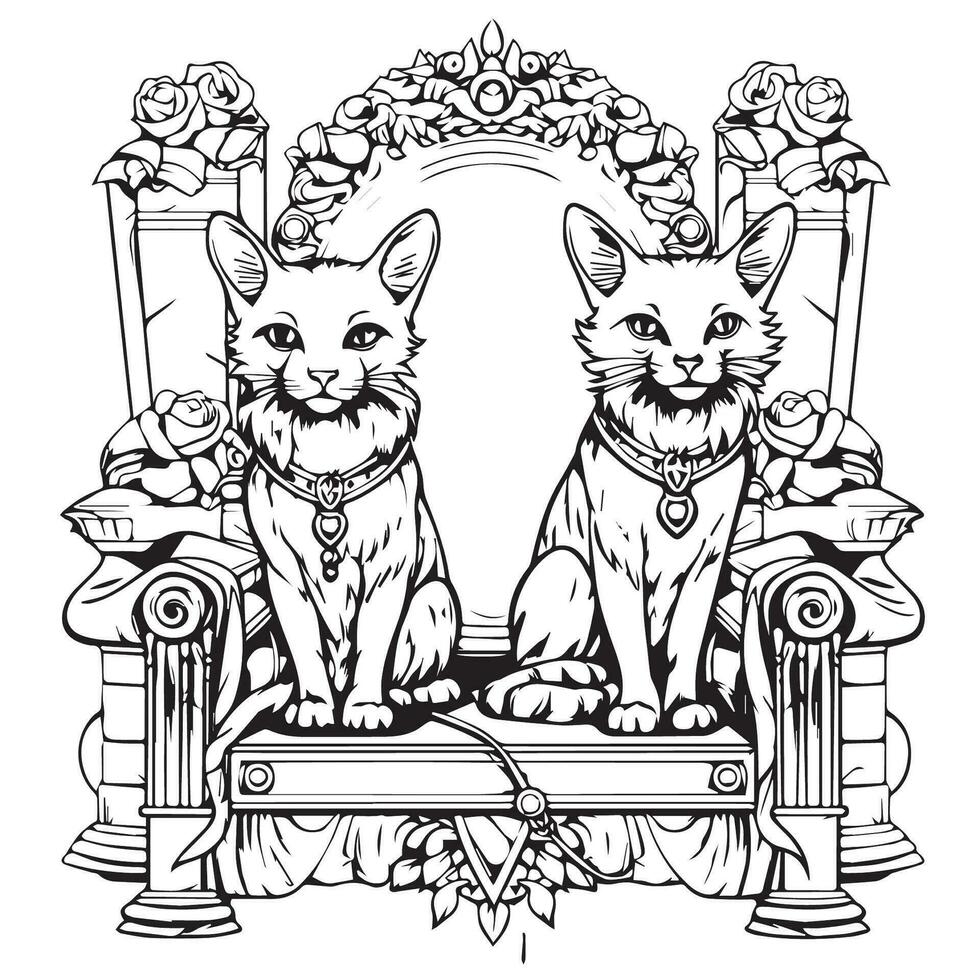 coloração página para crianças, siamês gatos em uma trono vetor