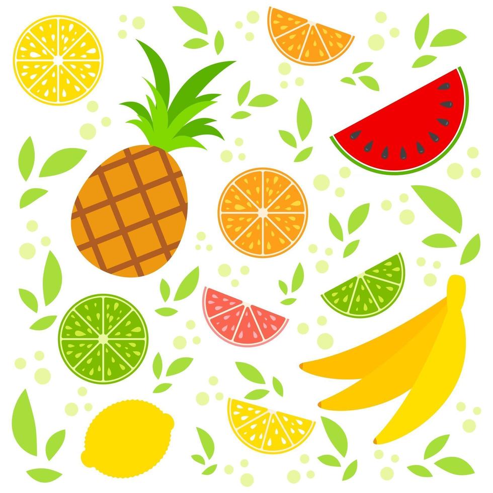 conjunto de frutas apetíticas isoladas coloridas em um fundo branco. comida tropical suculenta, brilhante e deliciosa. ilustração vetorial plana simples. adequado para design de embalagens, cartões postais, publicidade. vetor