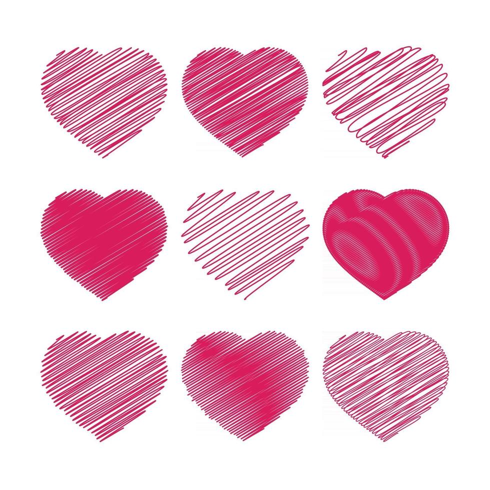 conjunto de corações vermelhos isolado em um fundo branco. com um padrão abstrato de linhas. ilustração vetorial plana simples. adequado para cartões de felicitações, casamentos, feriados, sites. vetor