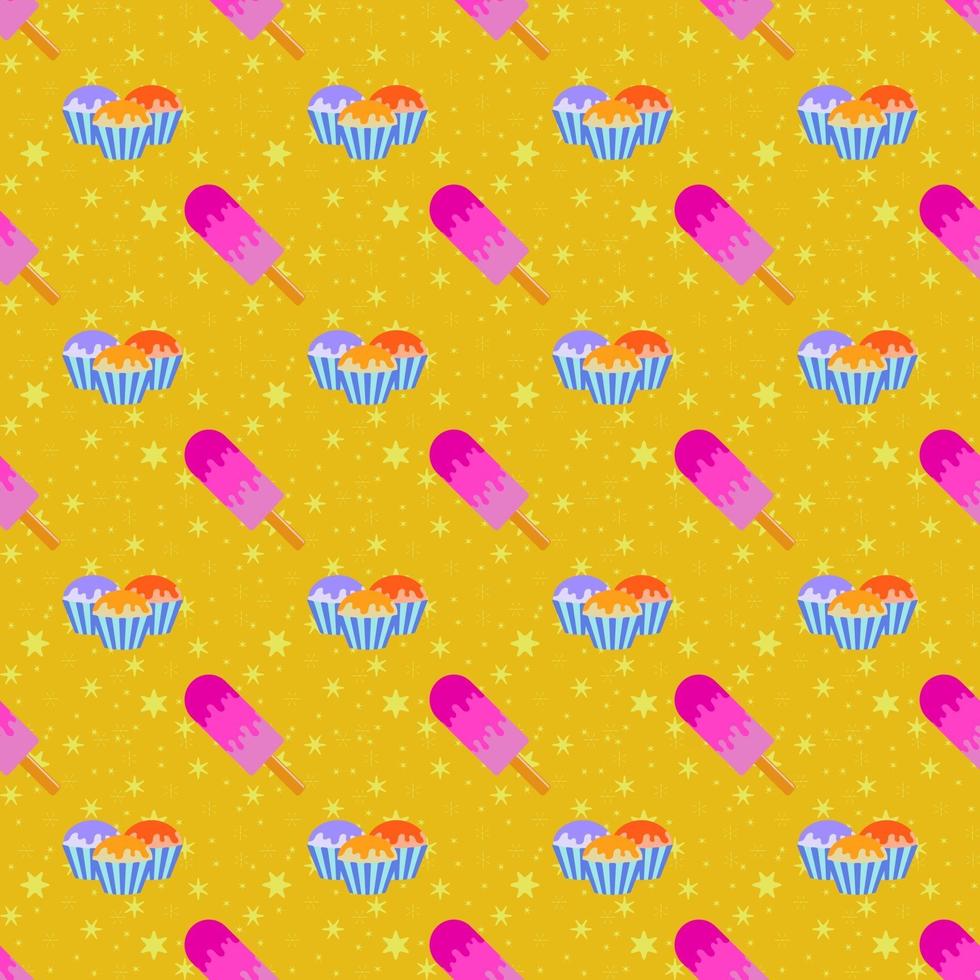 padrão sem emenda de cor de deliciosos bolos e sorvete rosa com glacê. ilustração plana simples em um fundo laranja com estrelas amarelas vetor