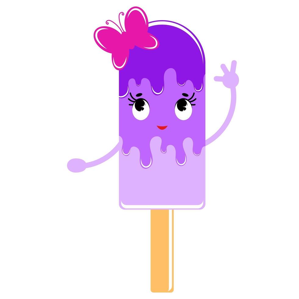 sorvete listrado isolado colorido liso vitrificado com violeta. em uma vara de madeira. com uma pequena borboleta rosa. desenho simples em um fundo branco. vetor