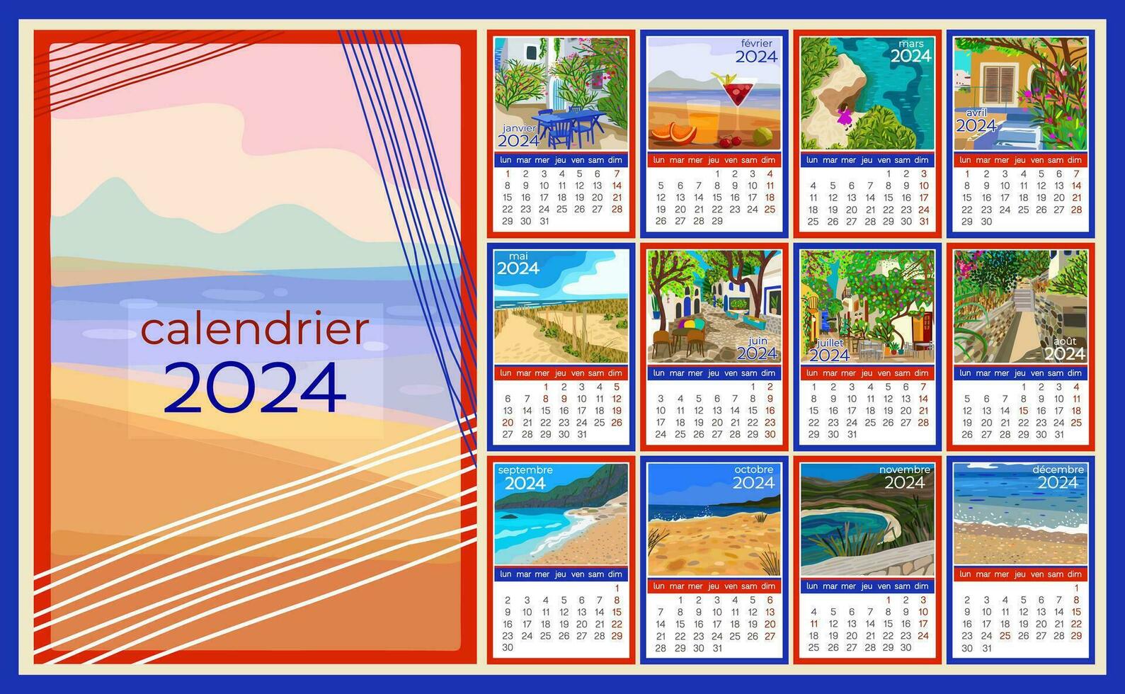 calendário 2024 dentro francês linguagem. colorida por mês calendário com vários sulista paisagens. vetor