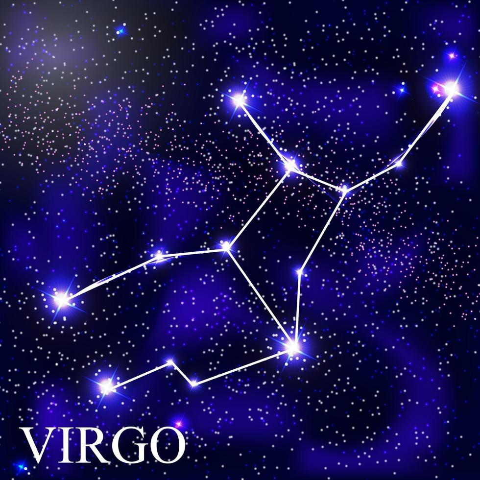 Ilustração vetorial signo virgem com belas estrelas brilhantes no fundo do céu cósmico vetor