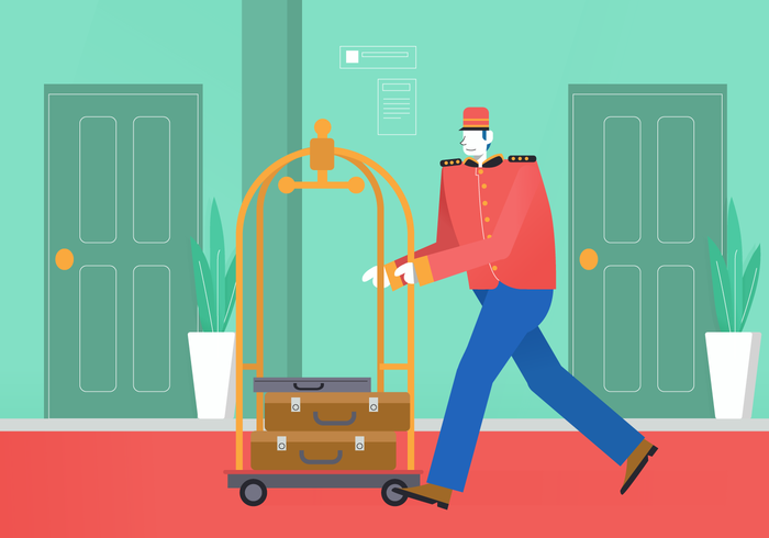 Bellboy empurrando o carrinho no Hotel Lounge Vector Illustration