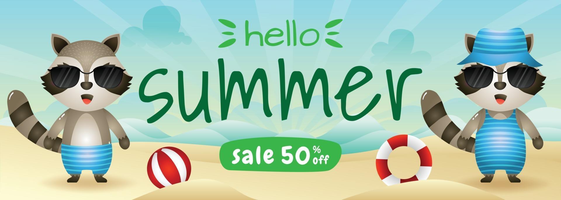 banner de venda de verão com um guaxinim fofo na praia vetor