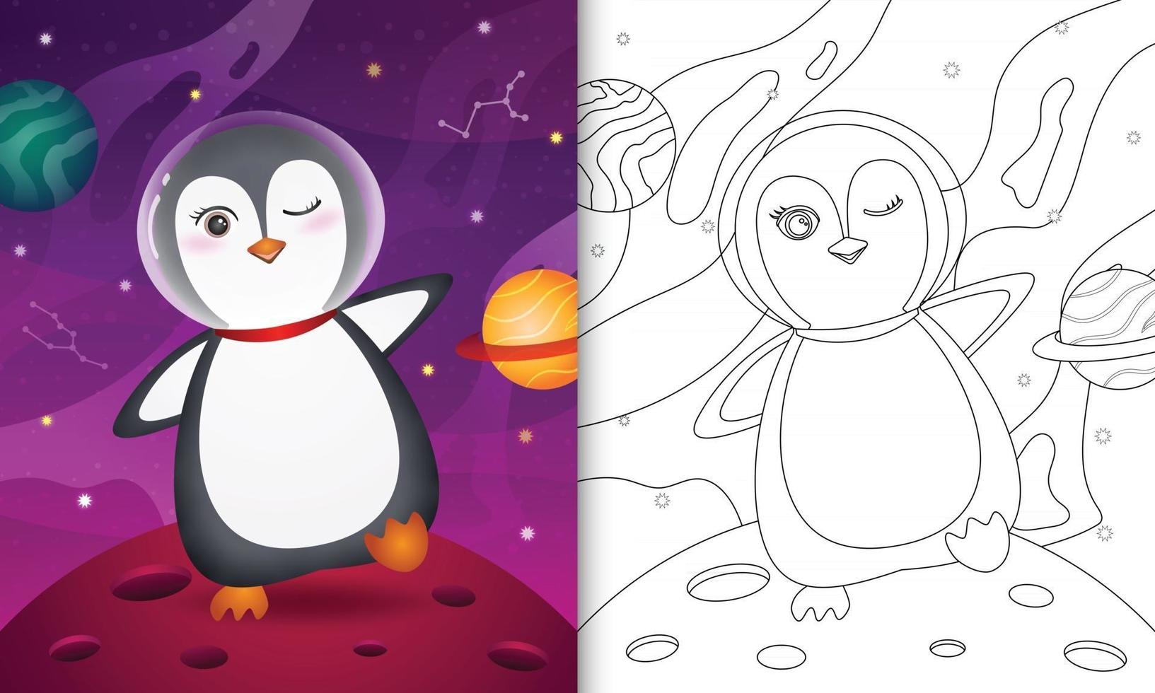 livro de colorir para crianças com um pinguim fofo na galáxia espacial vetor