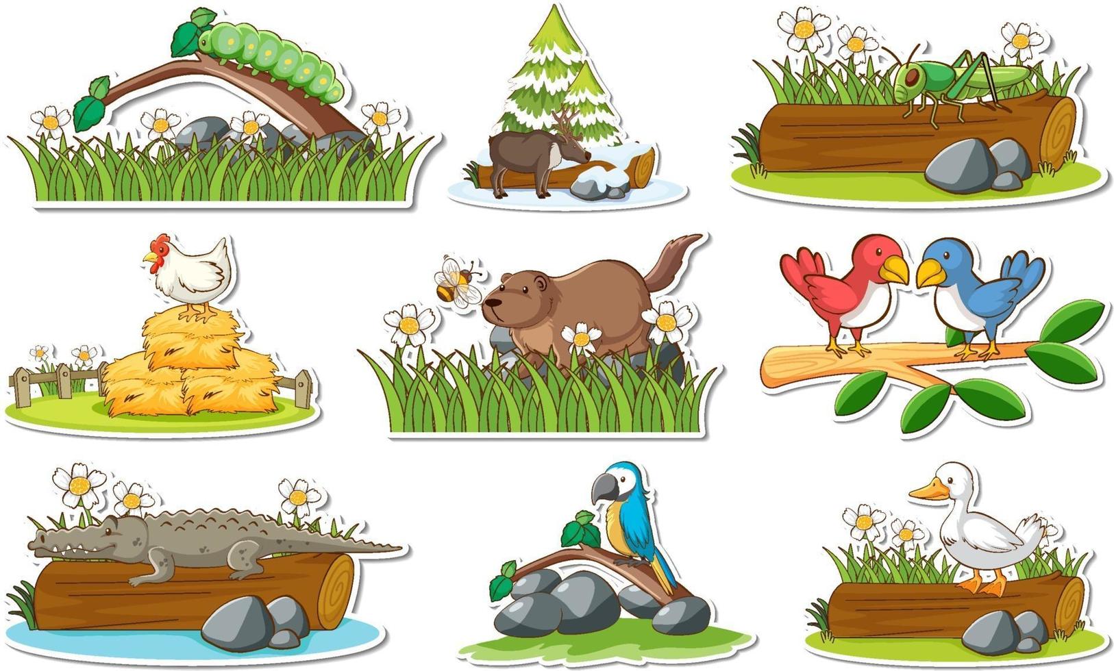 Conjunto de adesivos com diferentes animais selvagens e elementos da natureza vetor