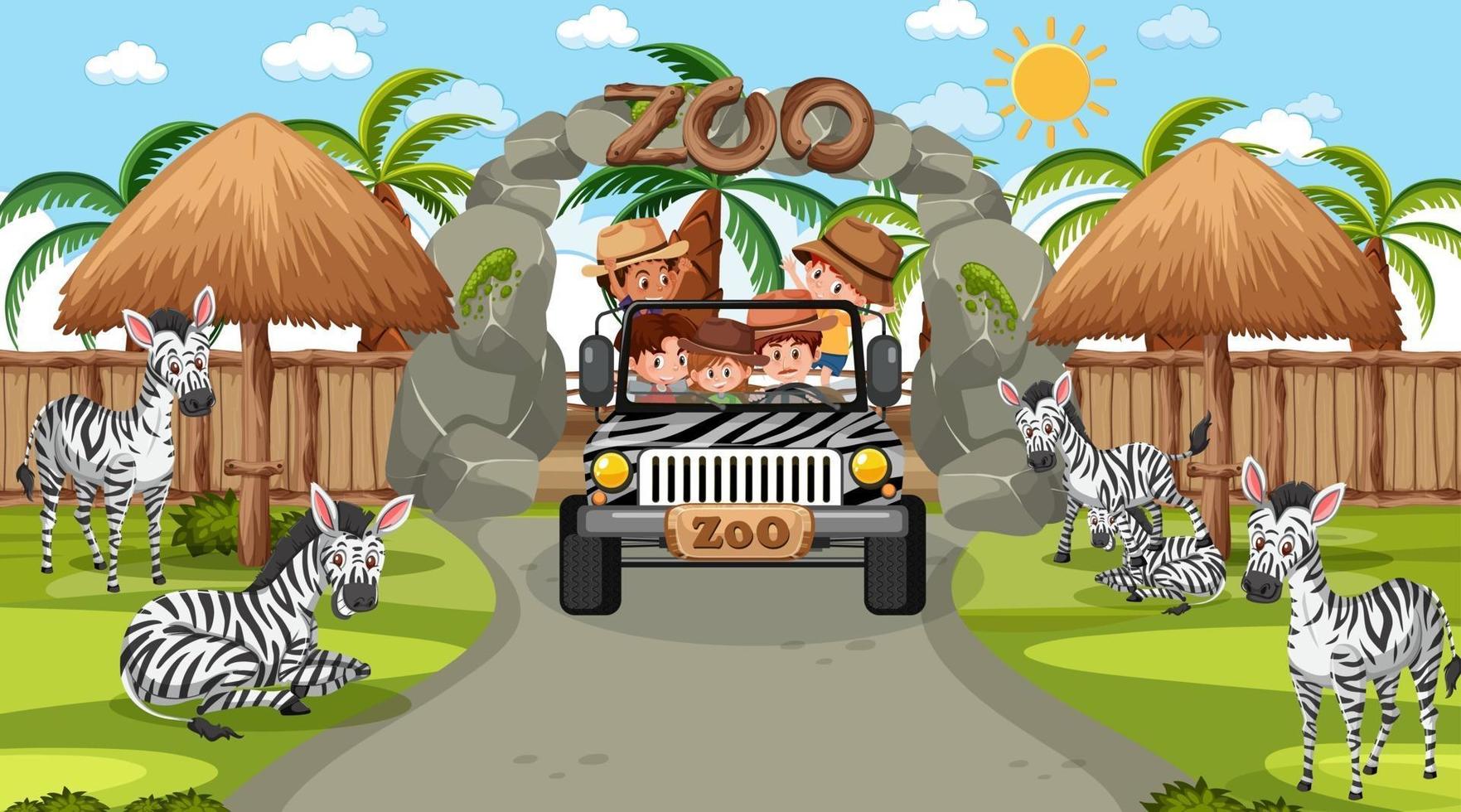 safári diurno com crianças assistindo zebras vetor