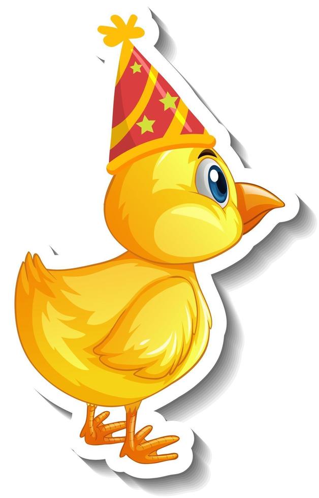 um modelo de adesivo com um frango bebê usando um personagem de desenho animado de chapéu de festa vetor