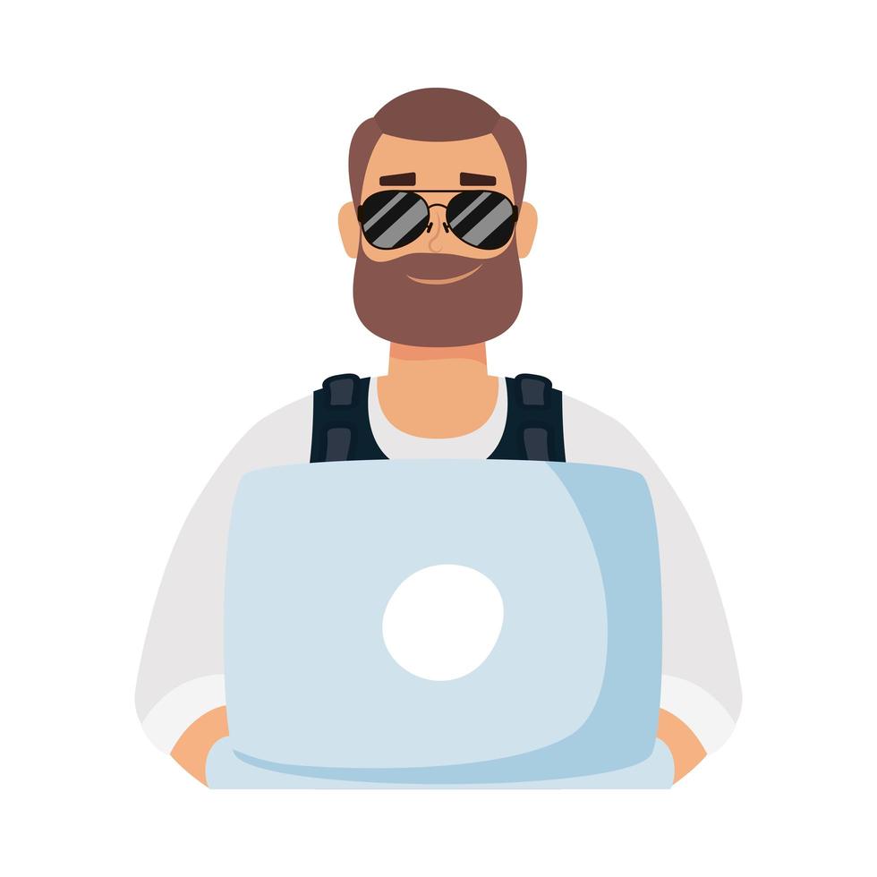 avatar homem com óculos de barba e desenho vetorial de laptop vetor