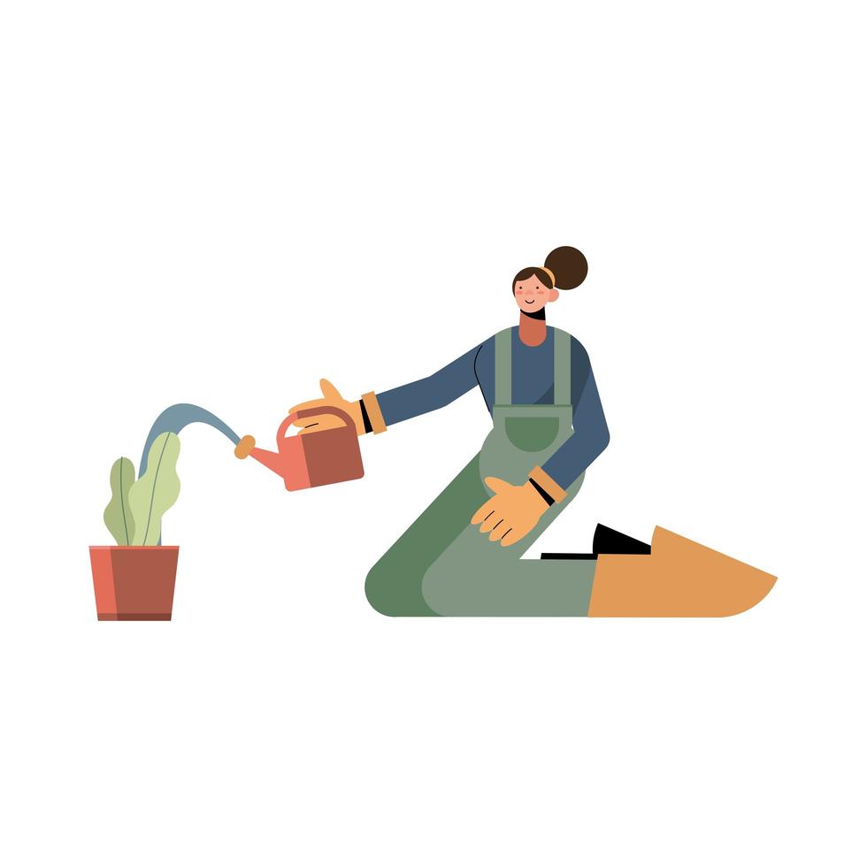 mulher agricultora com regador e desenho vetorial de planta vetor
