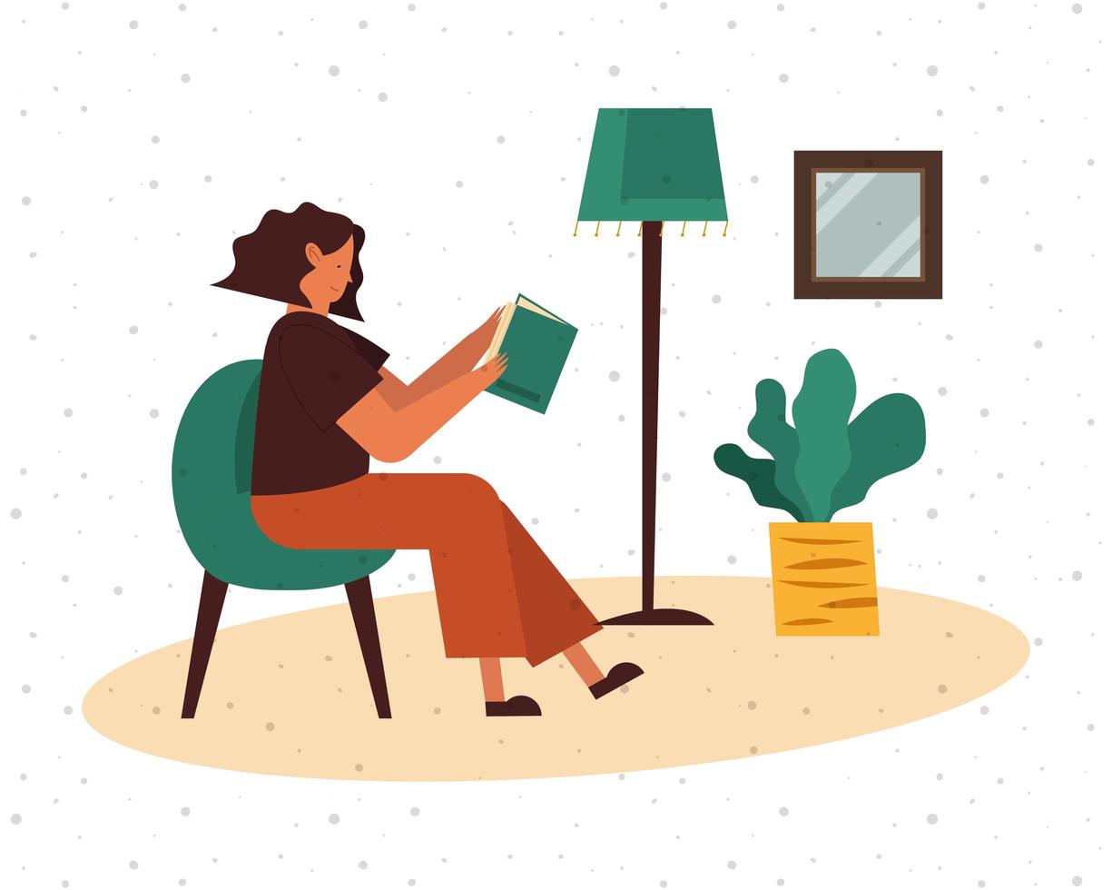 mulher na cadeira lendo um livro em casa desenho vetorial vetor