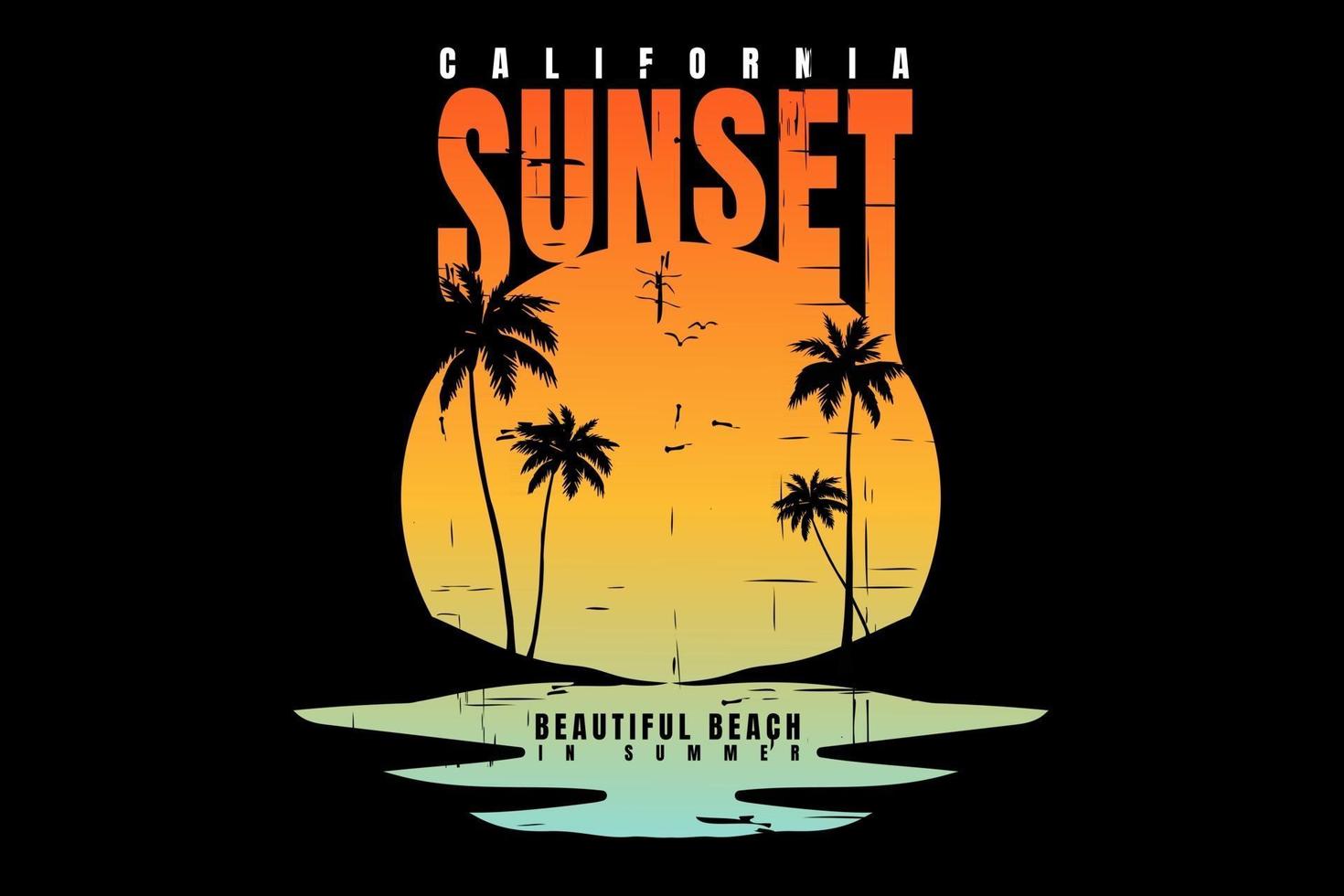 silhueta de camiseta praia pôr do sol califórnia lindo vintage vetor