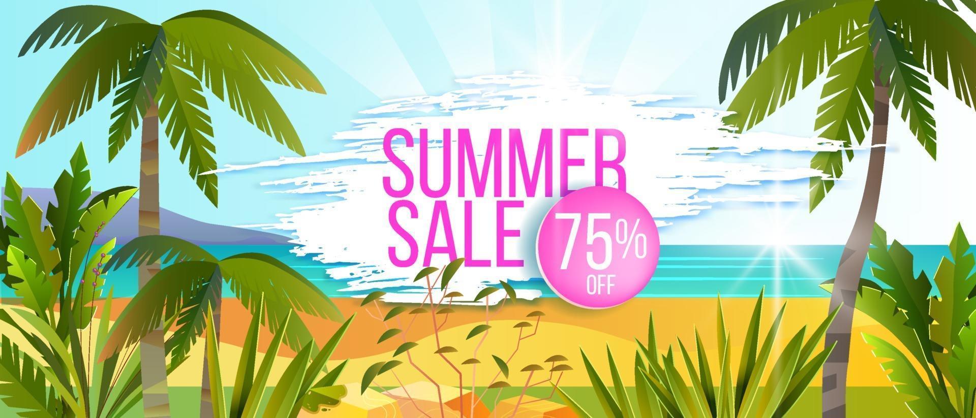 banner de venda de verão, fundo de oferta de desconto em vetor, palma, praia de ilha tropical, plantas exóticas vetor