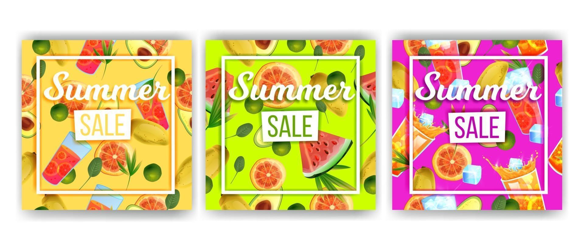 coleção de banner de venda de verão, conjunto de descontos quentes, frutas tropicais, bebidas geladas, melancia vetor