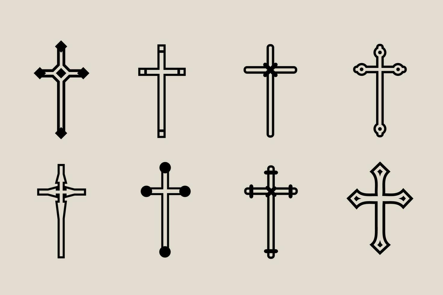 decorativo crucifixo religião católico símbolo, cristão cruzes. ortodoxo fé Igreja Cruz ícones projeto, isolado plano definir. vetor ilustração.