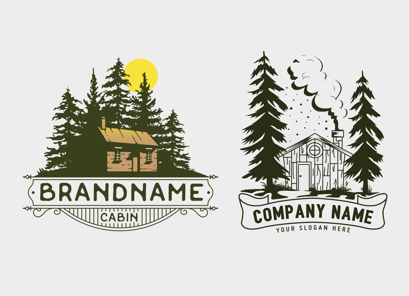 design de logotipo de modelo de cabine e floresta, estilo vintage de imóveis de casa. vetor