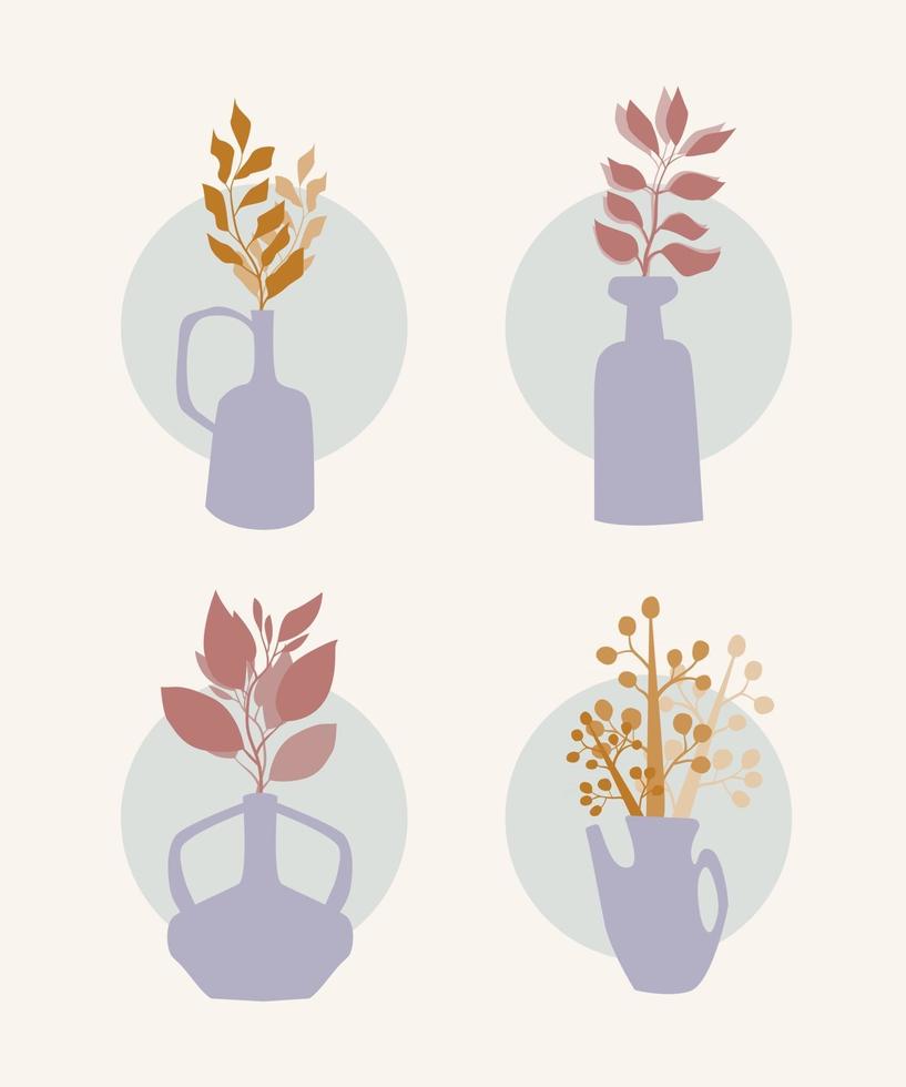 conjunto de vasos minimalistas abstratos com plantas vetor