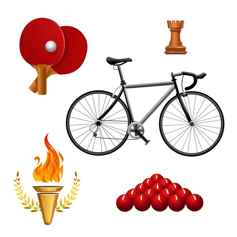ícones do esporte. bicicleta, tênis, xadrez, bilhar, esportes diversos. conjunto de esporte. ilustração isolada do vetor
