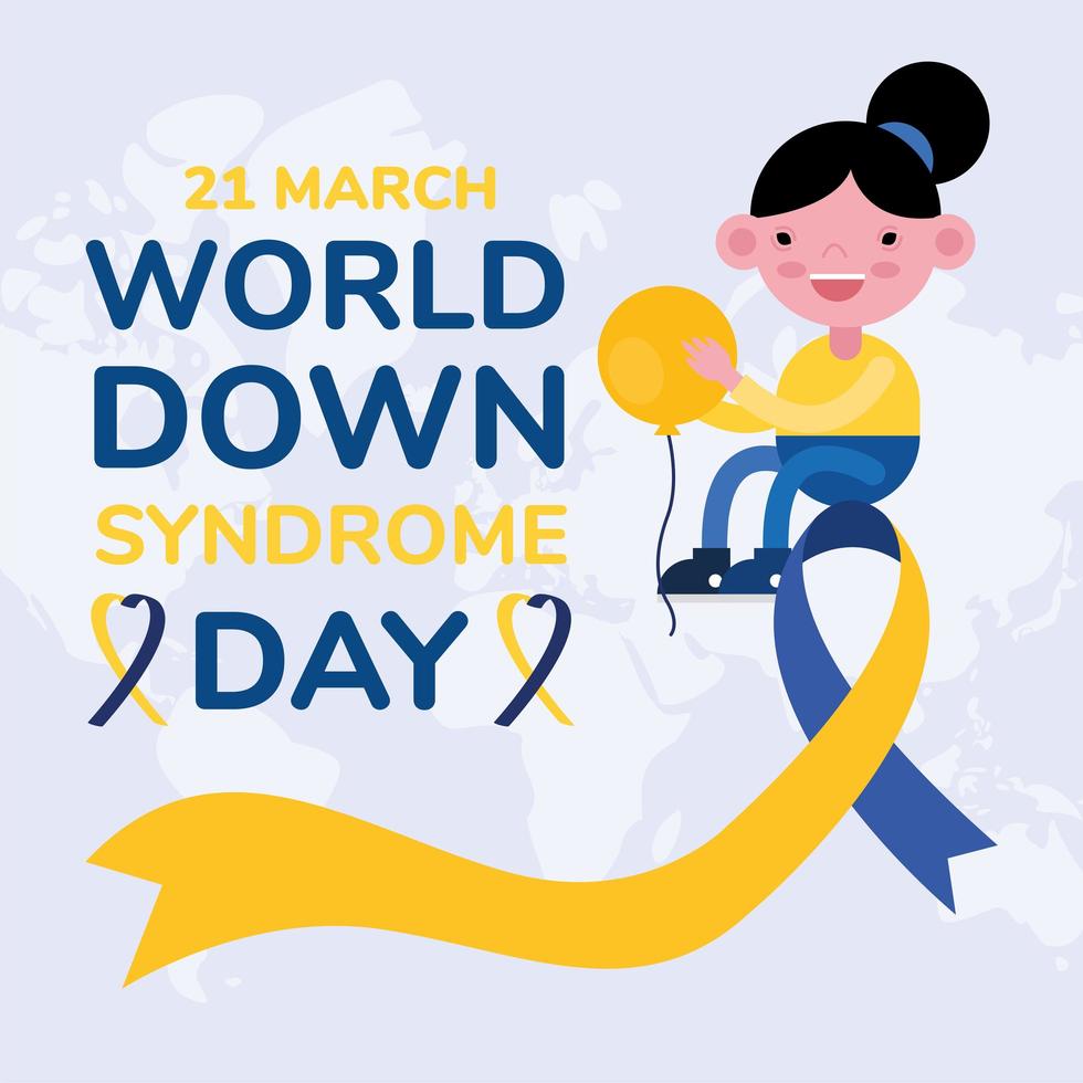 cartaz da campanha do dia sindrome mundial down com menina levantando balão de hélio em fita vetor