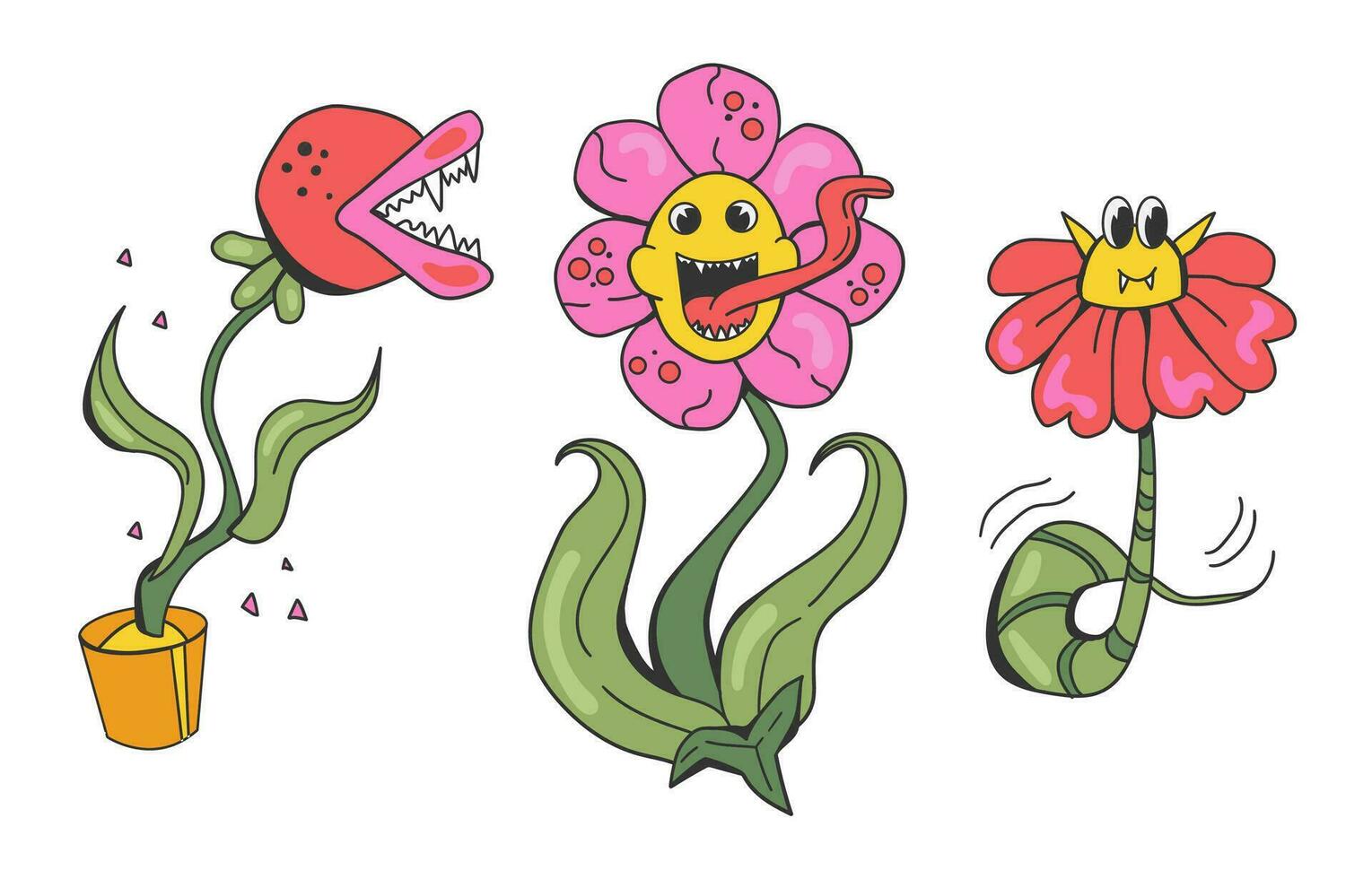 conjunto do groovy monstro flores e plantas com dentes e face. dia das Bruxas retro brilhante flor predatório dentro desenho animado estilo. vetor