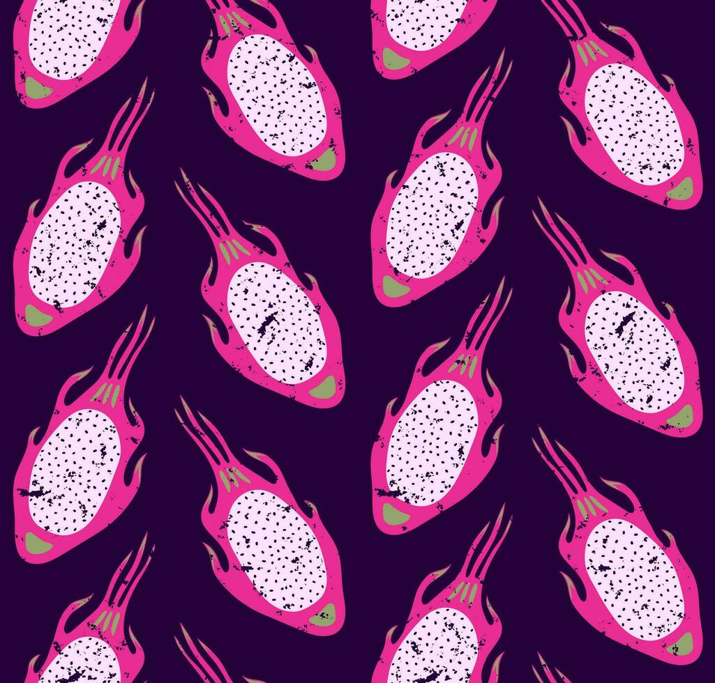 Sombrio lilás vetor desatado retro fundo com brilhante Rosa Dragão fruta fatias dentro pop arte estilo