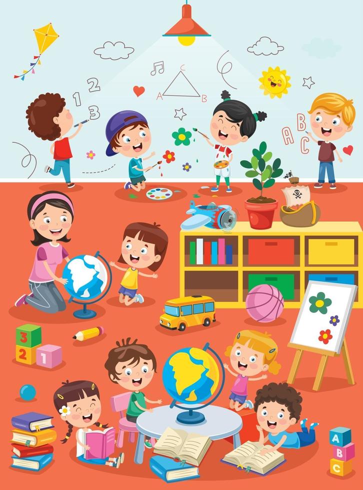 crianças estudando e brincando na sala de aula pré-escolar vetor