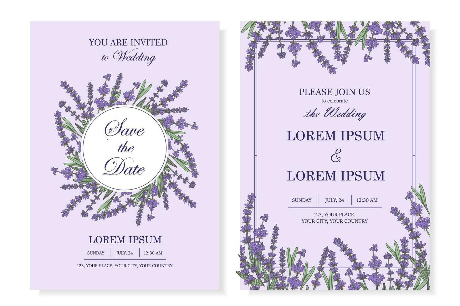 elegante modelo do Casamento convite cartões com lavanda rústico decoração. vetor ilustração