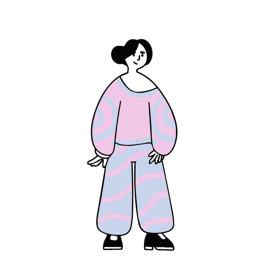 jovem menina dentro verão roupas. mulher ficar de pé dentro pose. fêmea personagem. plano moderno na moda ilustração vetor