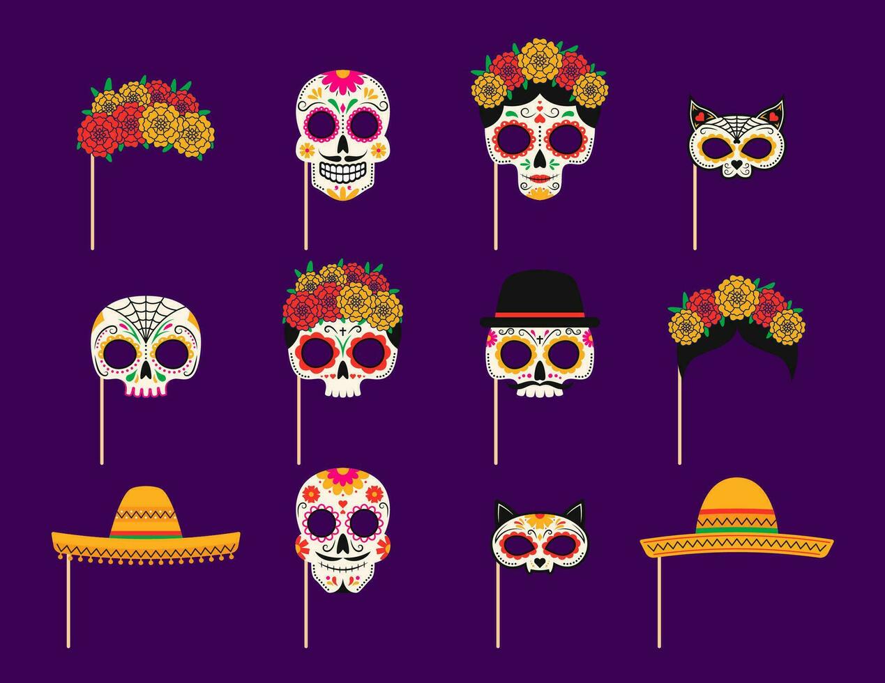 mexicano dia do morto foto cabine máscaras com adereços vetor