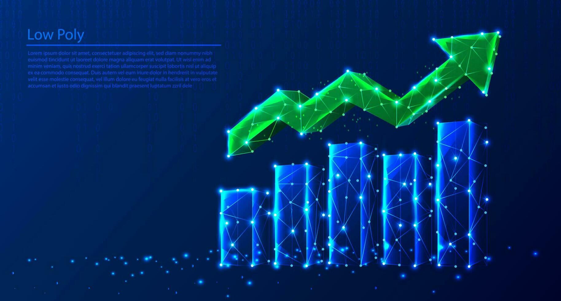 poligonal crescimento gráficos e verde seta indo acima em Sombrio azul tecnologia fundo, triângulos e partícula estilo Projeto. vetor