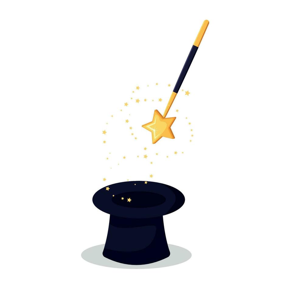 Magia varinha com estrelas faíscas acima Preto Magia chapéu. vetor ilustração dentro plano Projeto.