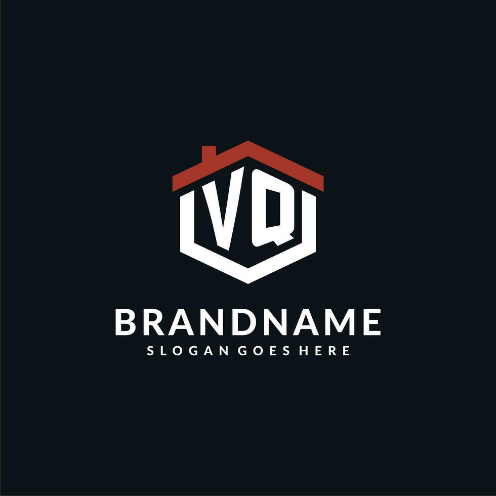 inicial carta vq logotipo com casa cobertura hexágono forma Projeto Ideias vetor
