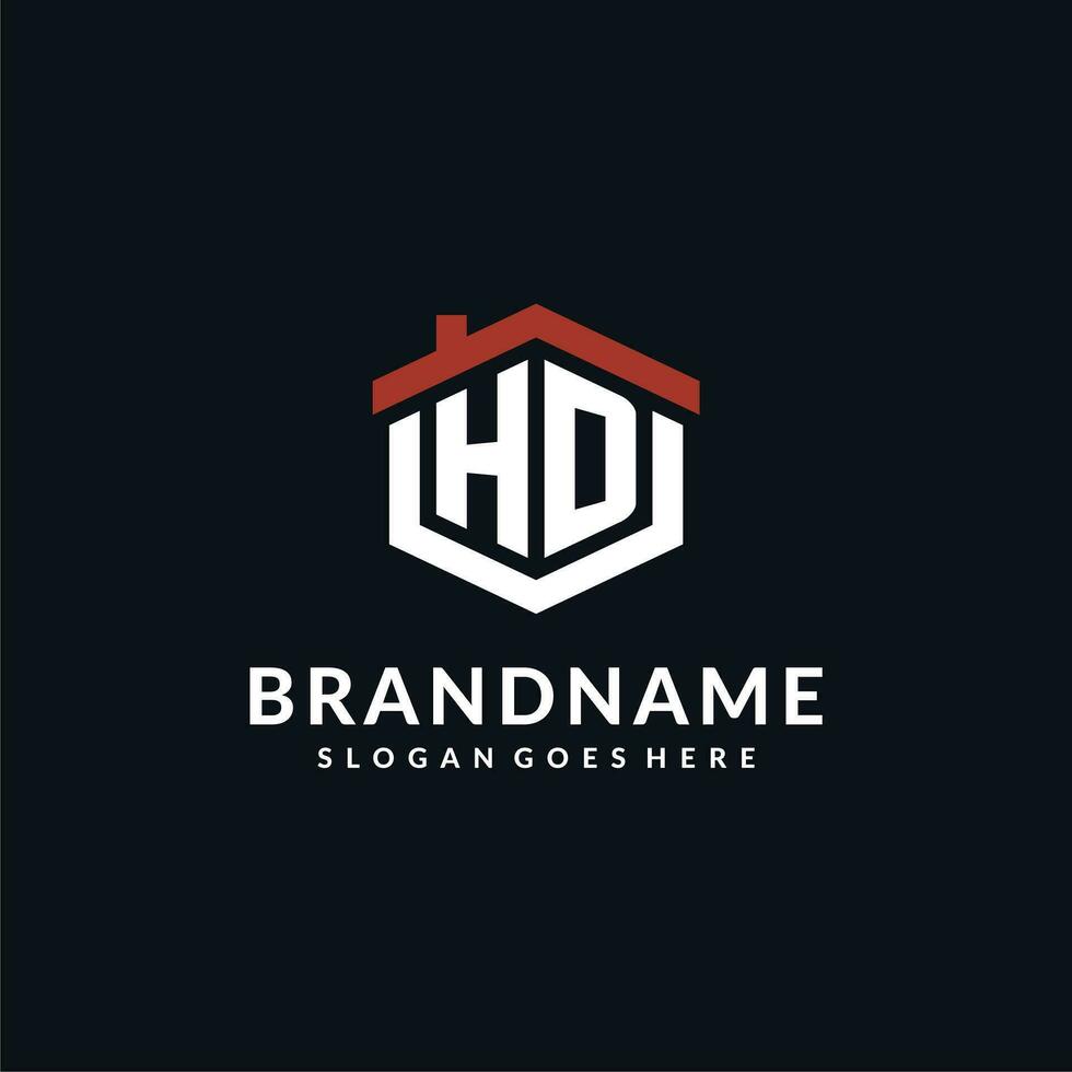 inicial carta hd logotipo com casa cobertura hexágono forma Projeto Ideias vetor