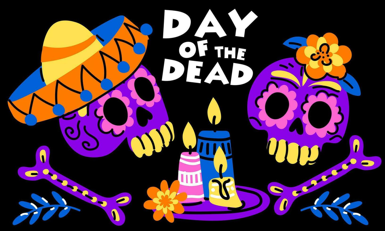 vetor mão ilustração do a mexicano feriado muerto. uma cartão postal com tradicional crânios, flores, velas e a inscrição dia do a morto. memorial dia cumprimento cartão