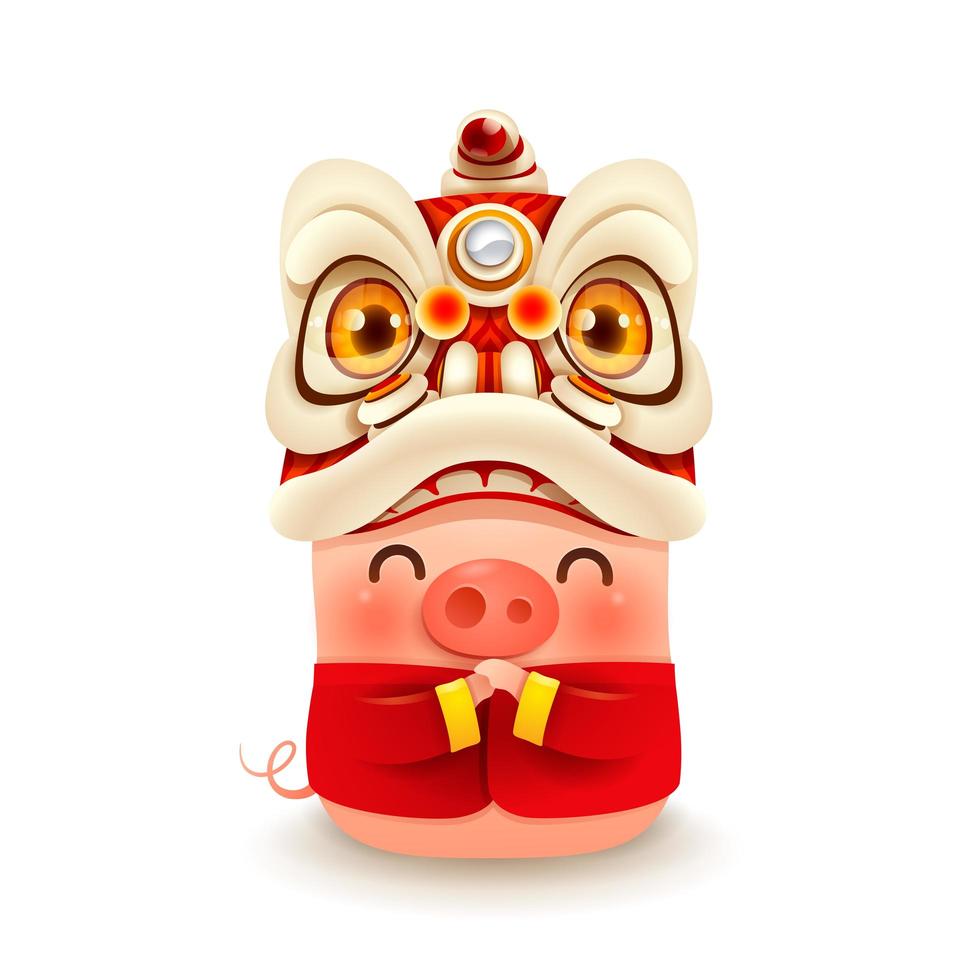 Little Pig with Chinese New Year Lion Dance Head vetor