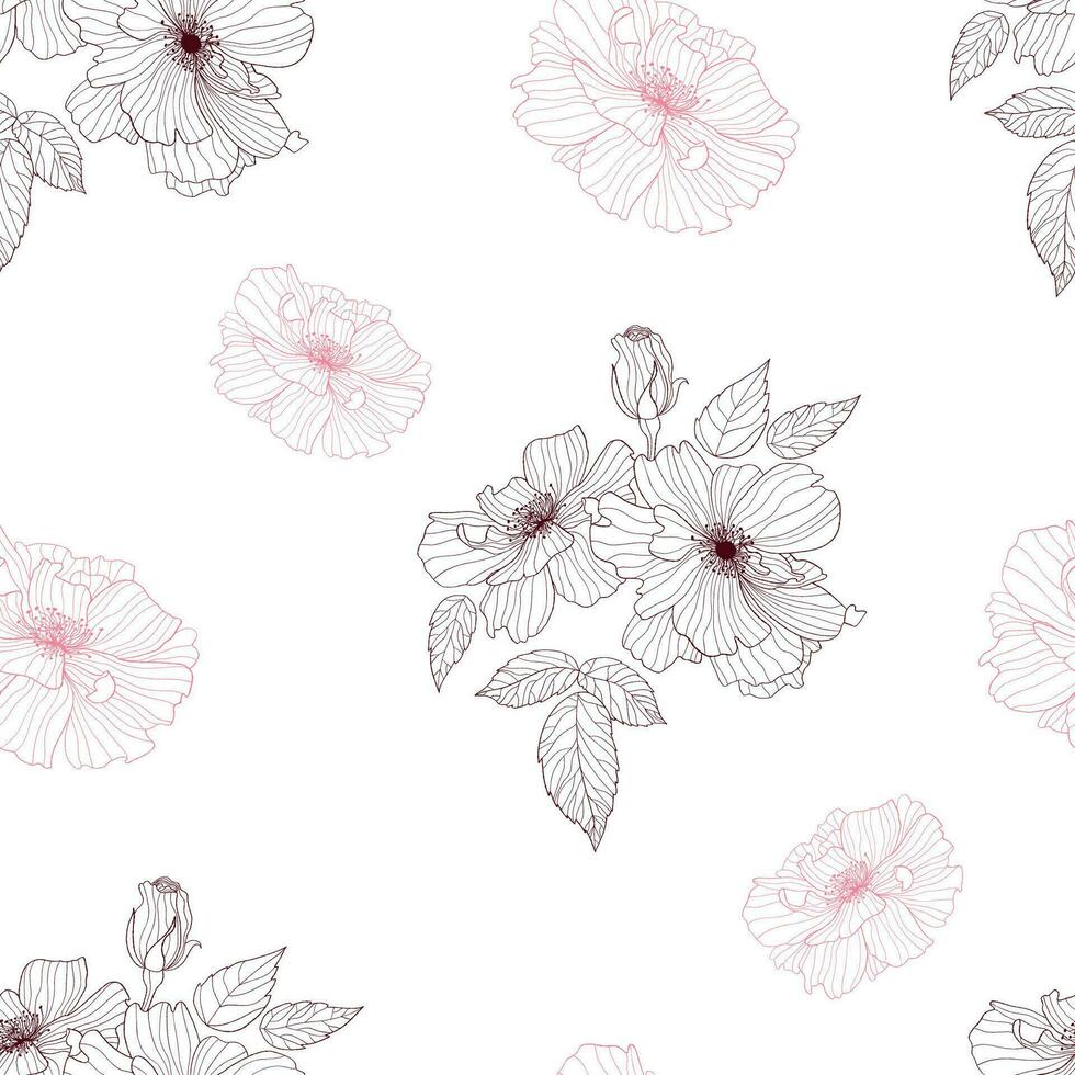 floral desatado padronizar. florescendo decorativo rosa flores com brotos e folhas em branco fundo. vetor ilustração. moderno arte linear mão desenhado para papel de parede, projeto, têxtil, embalagem, decoração.