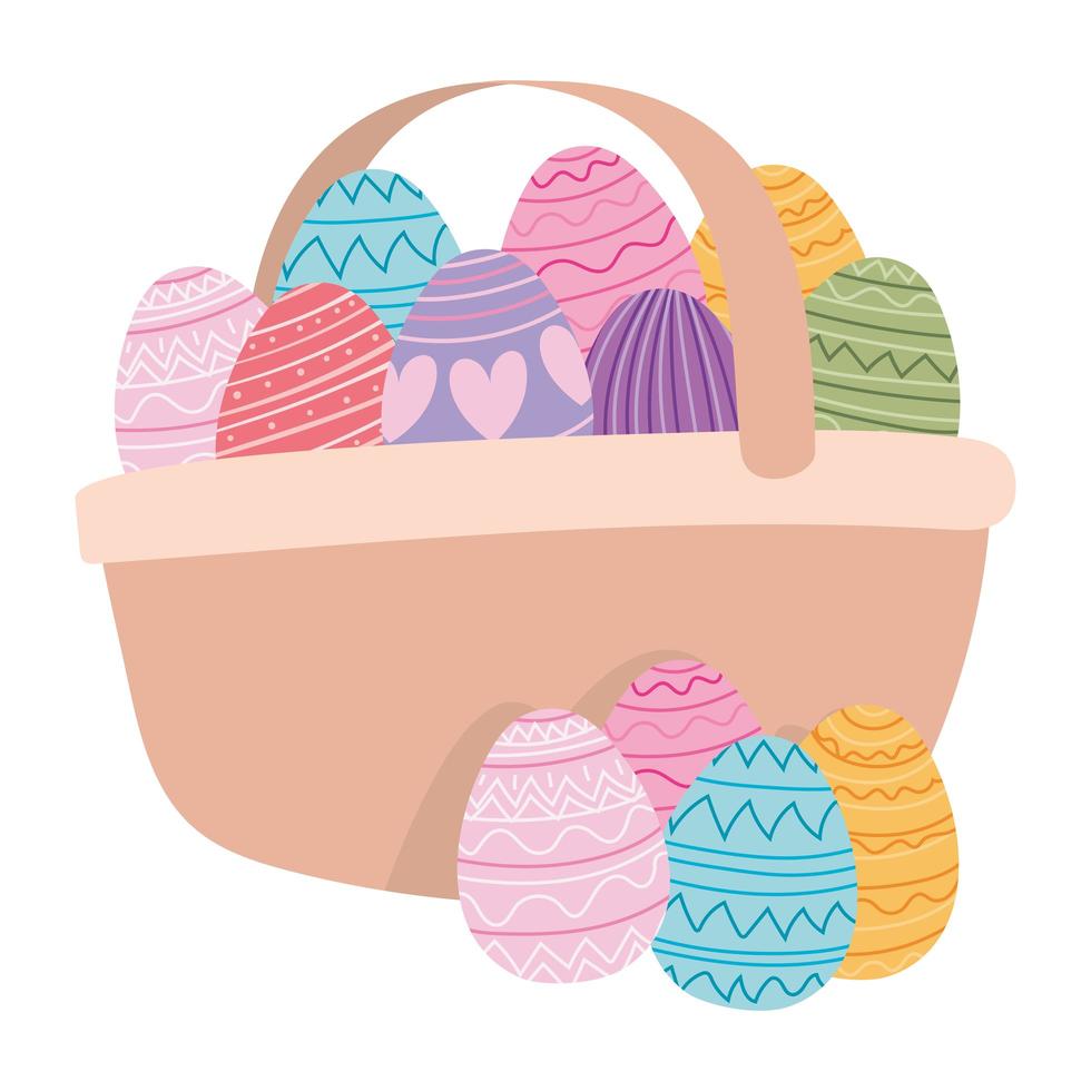 cesta cheia de ovos de páscoa em um fundo branco vetor