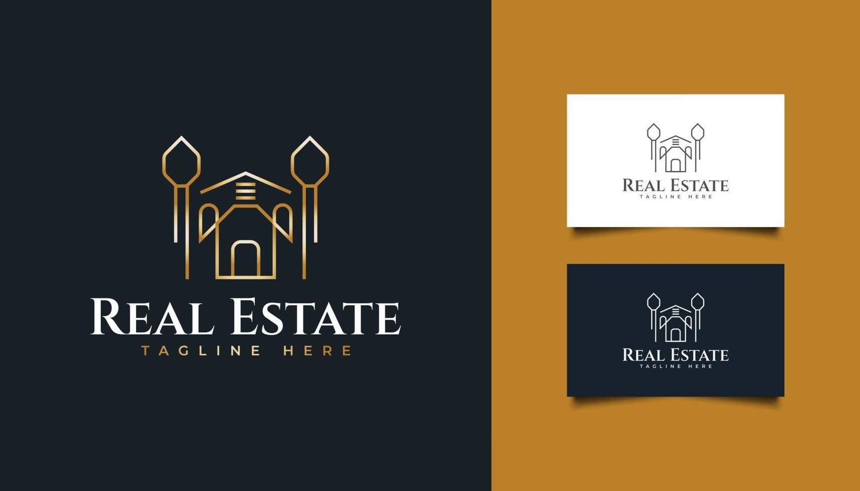 logotipo de ouro imobiliário de luxo com estilo de linha. construção, arquitetura ou modelo de design de logotipo de construção vetor