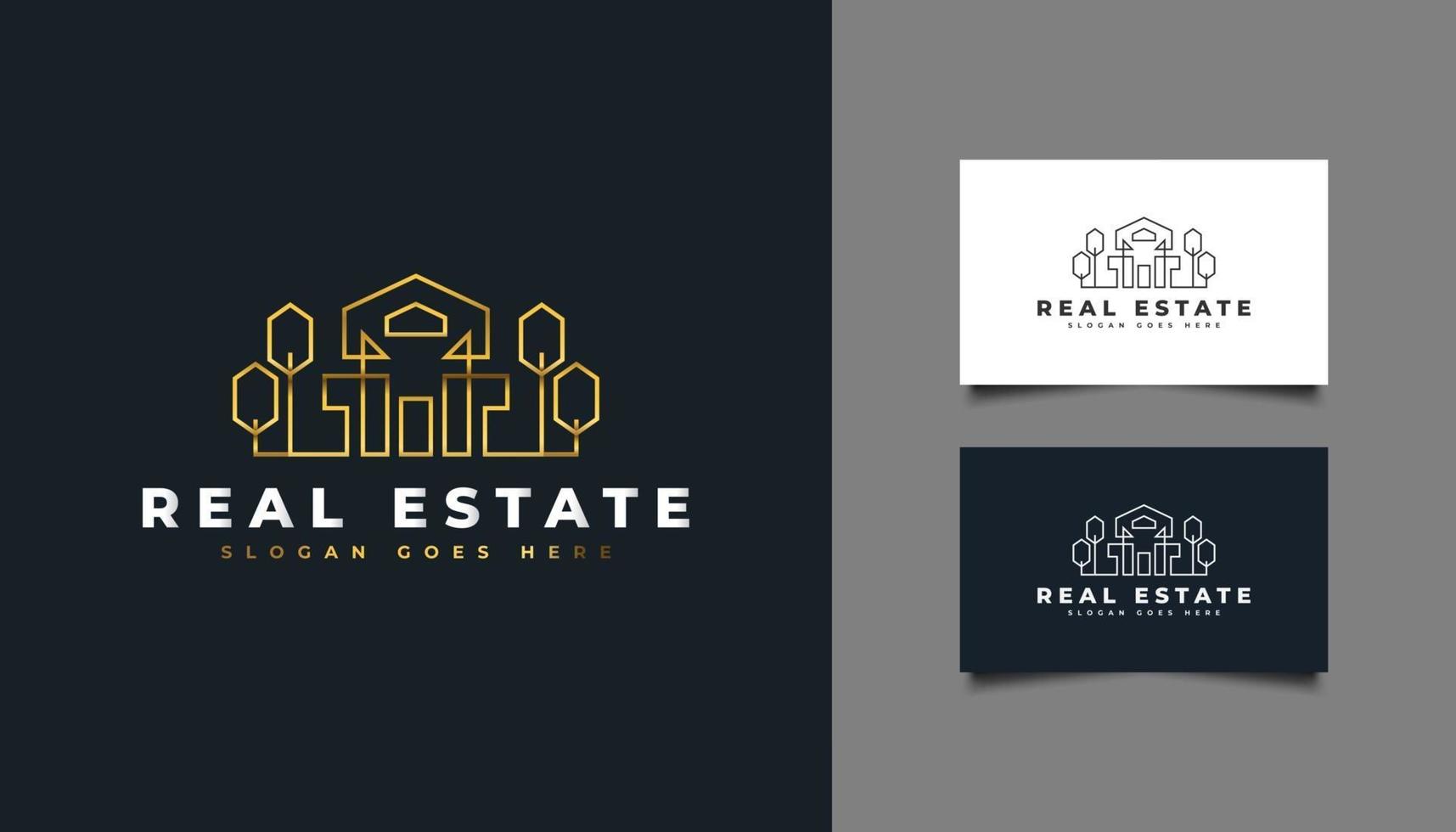 logotipo de ouro imobiliário de luxo com estilo de linha. construção, arquitetura ou modelo de design de logotipo de construção vetor
