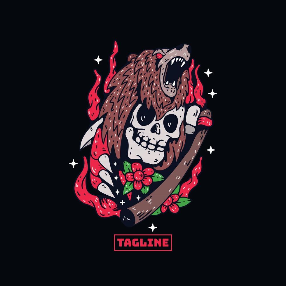 camiseta com ilustração da cabeça do crânio do urso vetor