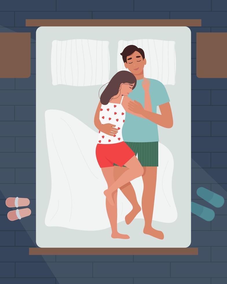 casal apaixonado dormindo, abraçando-se na cama. ilustração vetorial fofa em estilo simples vetor